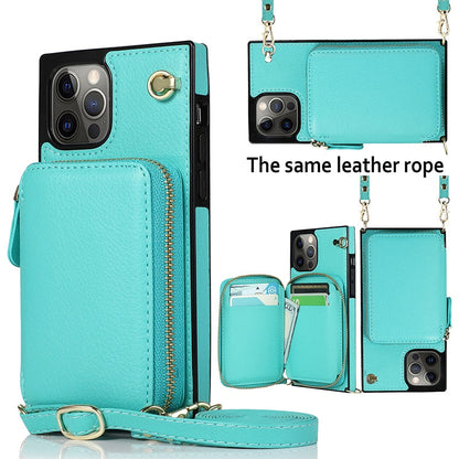 Funda tipo cartera con cremallera y correa ajustable para el hombro para iPhone