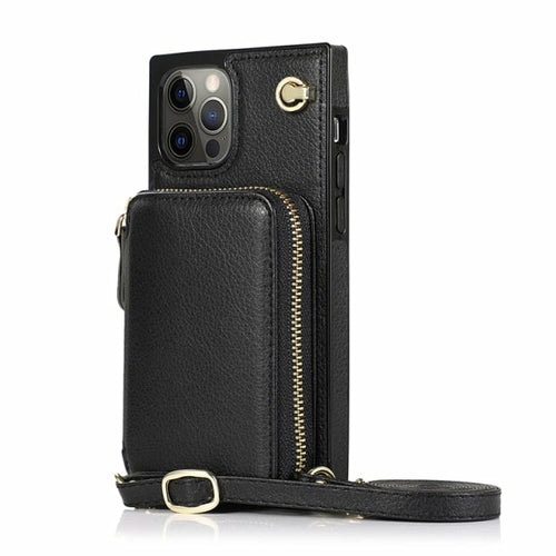 Funda tipo cartera con cremallera y correa ajustable para el hombro para iPhone