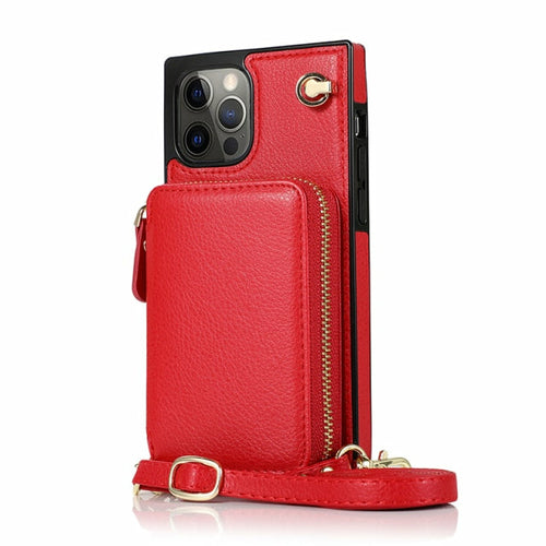 Funda tipo cartera con cremallera y correa ajustable para el hombro para iPhone